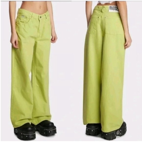 The Ragged Priest Wide Leg Jeans Low Waist Y2K Dark Citron Lime 26x30 NWT - Picture 1 of 9